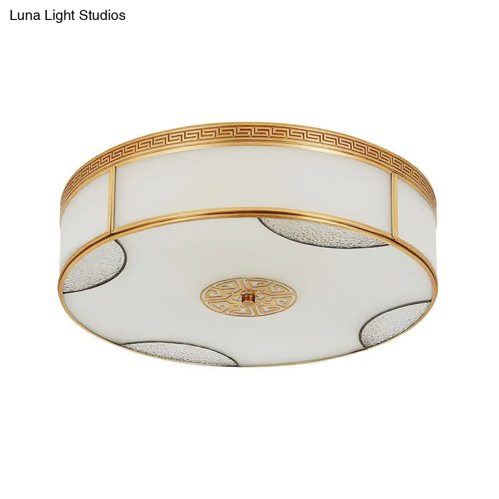 Chinese Style Drum Ceiling Light - 14’/18’/21.5’ W 3/4/6 - Light Matte White Glass Brass Flushmount