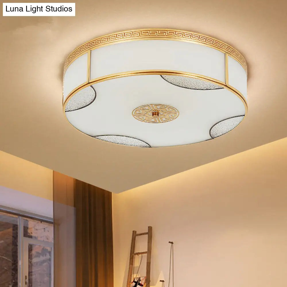 Chinese Style Drum Ceiling Light - 14/18/21.5 W 3/4/6-Light Matte White Glass Brass Flushmount / 14