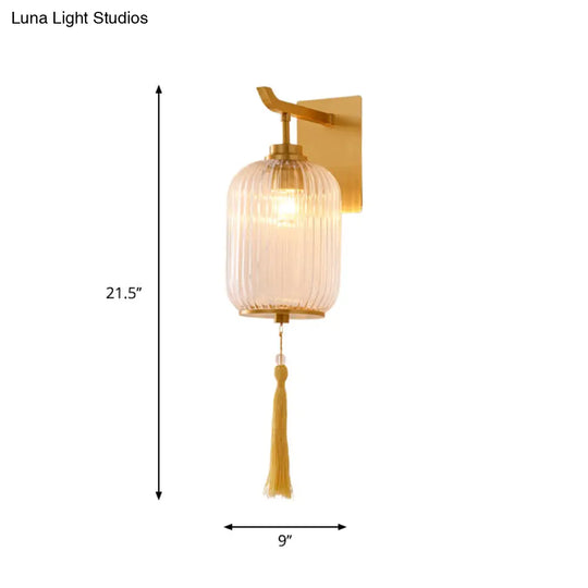 Chinese Style Glass Lantern Wall Sconce With Tassel Knot And Brass Fixture