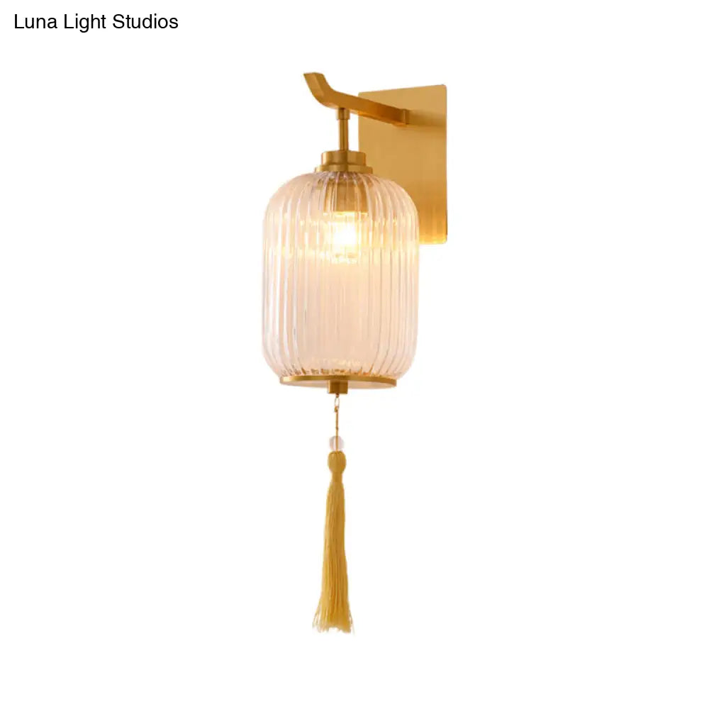 Chinese Style Glass Lantern Wall Sconce With Tassel Knot And Brass Fixture