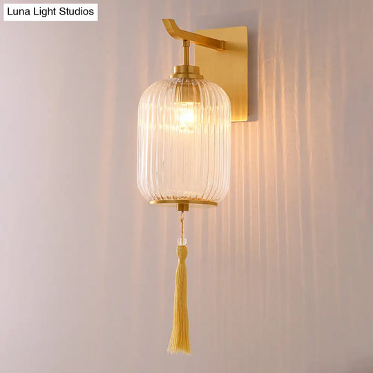 Chinese Style Glass Lantern Wall Sconce With Tassel Knot And Brass Fixture