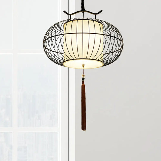 Chinese Style Hanging Pendant Light With Bamboo Shade - Black/Gold Lantern Ceiling Indoor Use