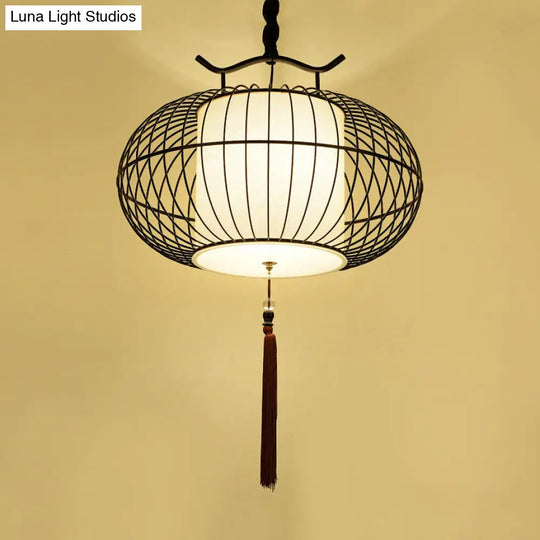 Chinese Style Hanging Pendant Light With Bamboo Shade - Black/Gold Lantern Ceiling For Indoor