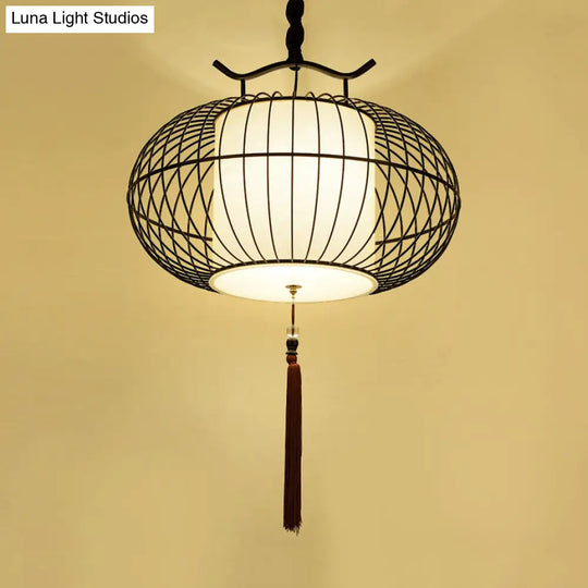 Chinese Style Hanging Pendant Light With Bamboo Shade - Black/Gold Lantern Ceiling Indoor Use