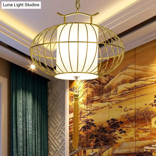 Chinese Style Hanging Pendant Light With Bamboo Shade - Black/Gold Lantern Ceiling Indoor Use