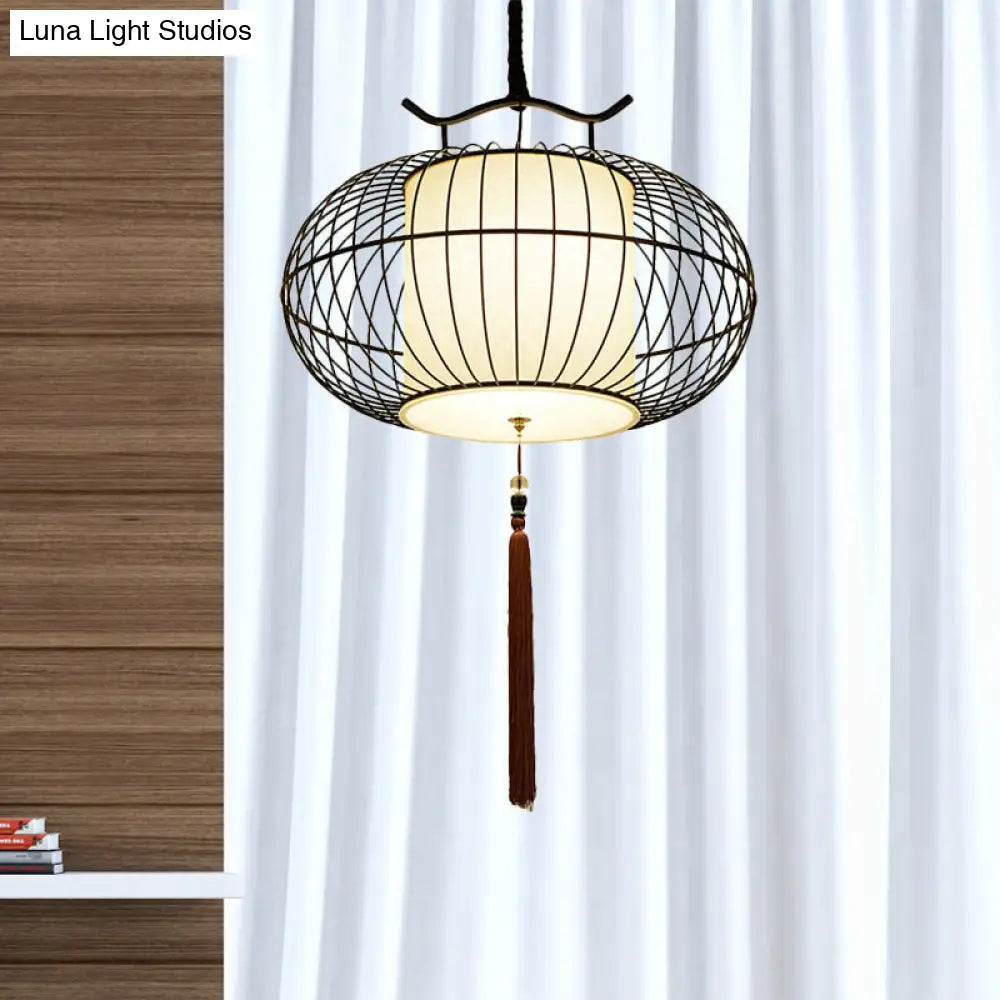 Chinese Style Hanging Pendant Light With Bamboo Shade - Black/Gold Lantern Ceiling For Indoor