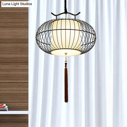 Chinese Style Hanging Pendant Light With Bamboo Shade - Black/Gold Lantern Ceiling For Indoor