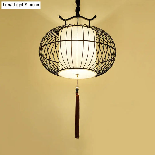 Chinese Style Hanging Pendant Light With Bamboo Shade - Black/Gold Lantern Ceiling Indoor Use