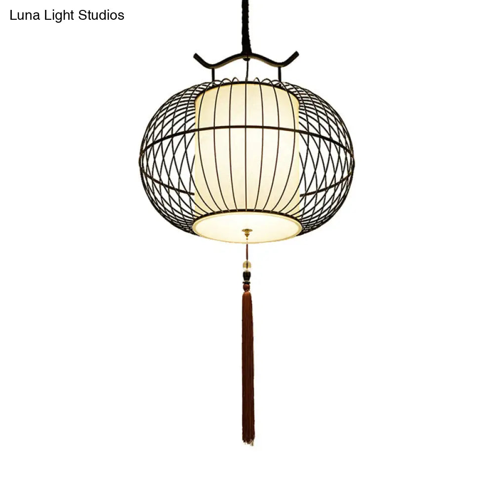 Chinese Style Hanging Pendant Light With Bamboo Shade - Black/Gold Lantern Ceiling Indoor Use