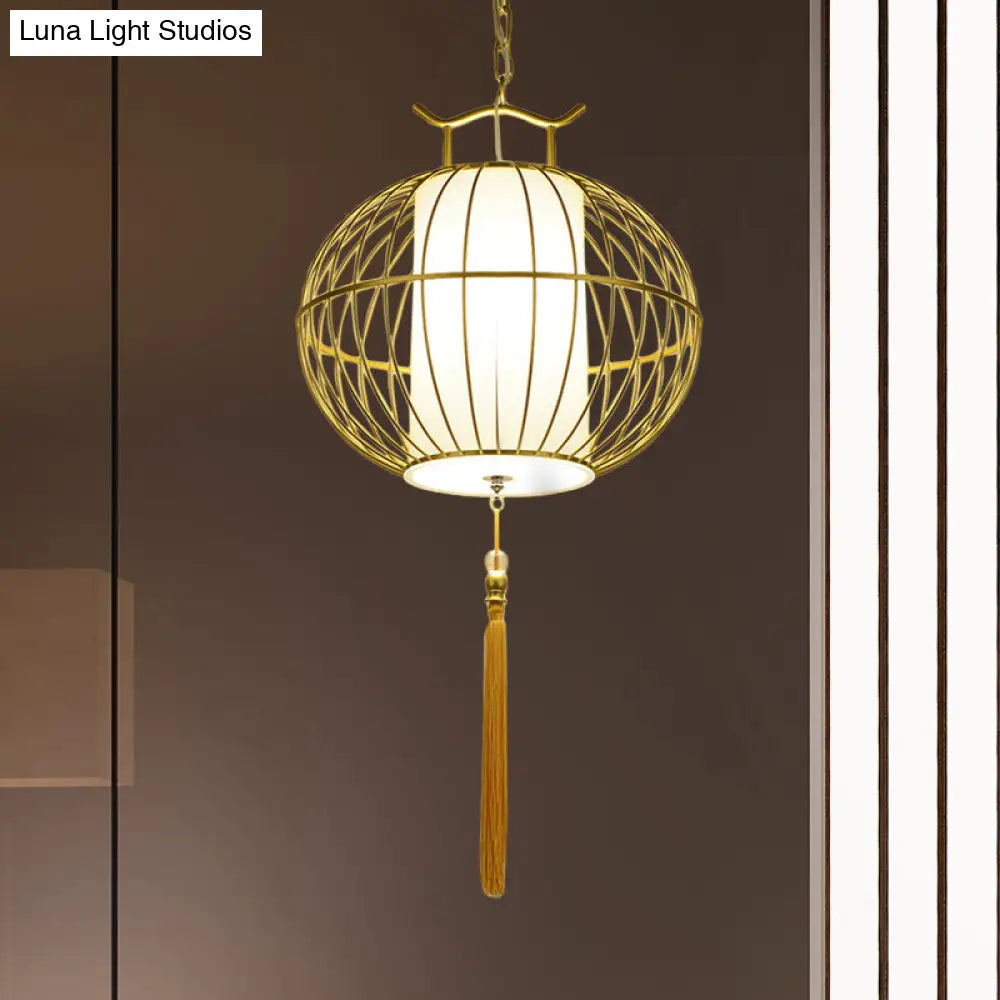 Chinese Style Hanging Pendant Light With Bamboo Shade - Black/Gold Lantern Ceiling Indoor Use