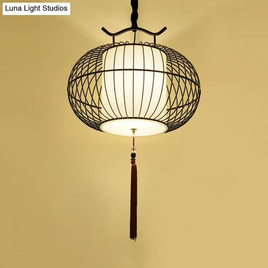 Chinese Style Hanging Pendant Light With Bamboo Shade - Black/Gold Lantern Ceiling For Indoor