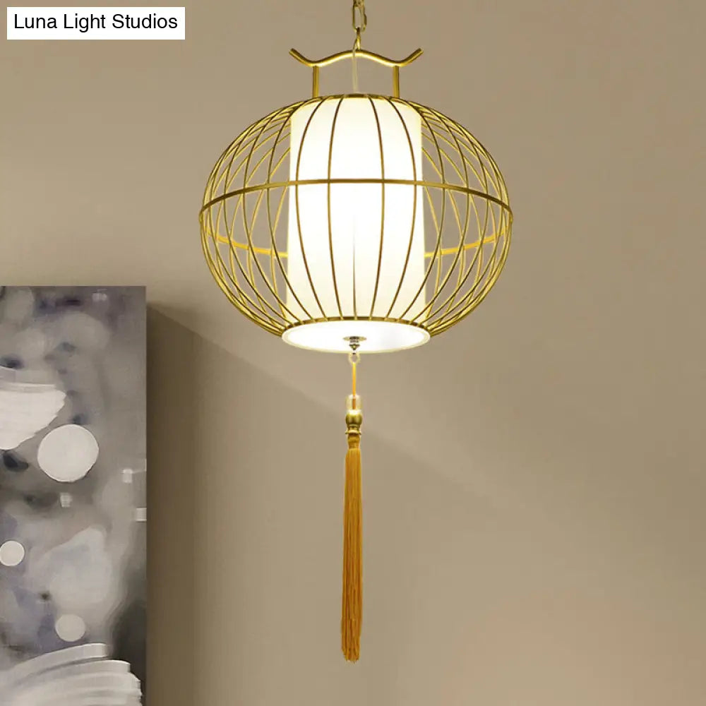 Chinese Style Hanging Pendant Light With Bamboo Shade - Black/Gold Lantern Ceiling For Indoor