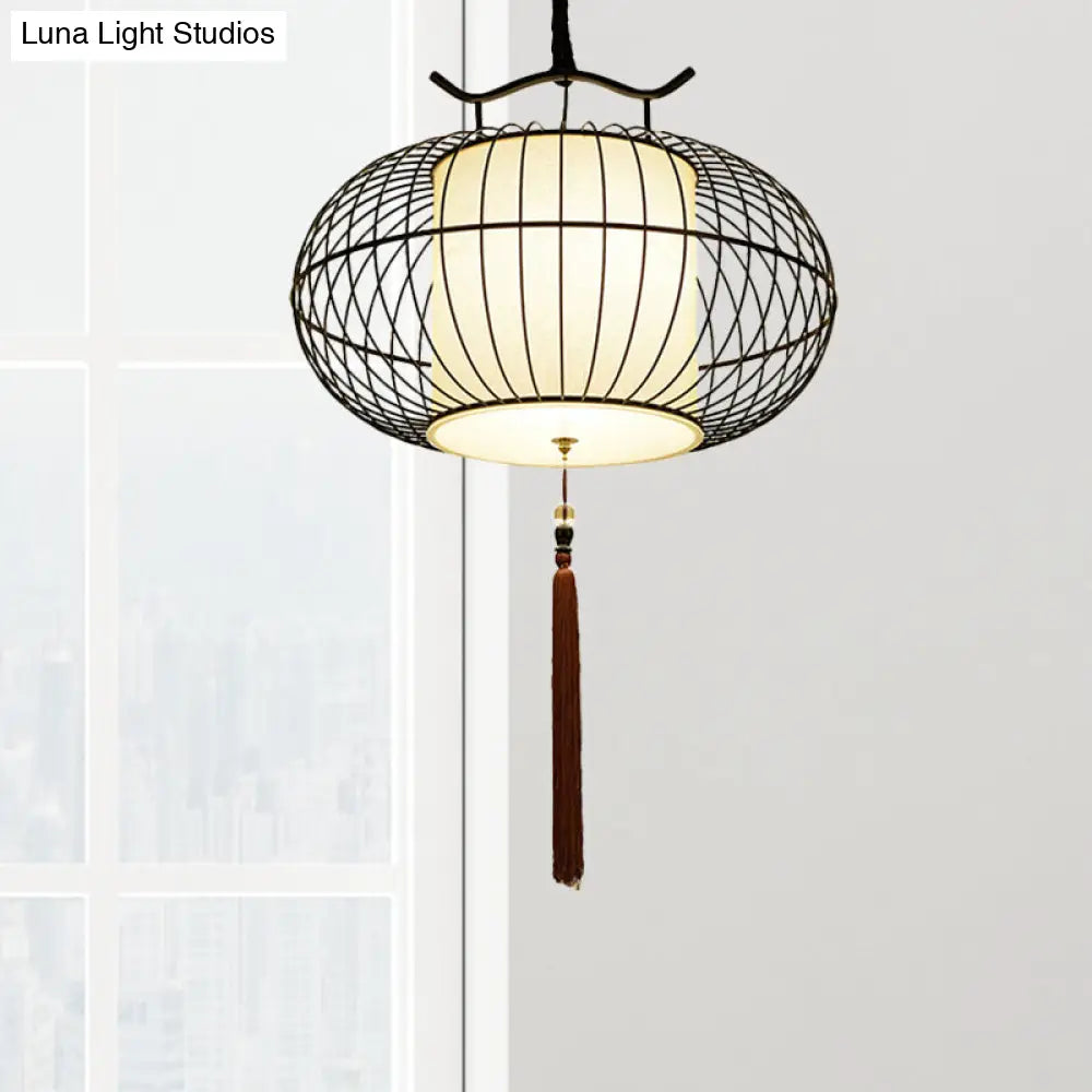 Chinese Style Hanging Pendant Light With Bamboo Shade - Black/Gold Lantern Ceiling For Indoor