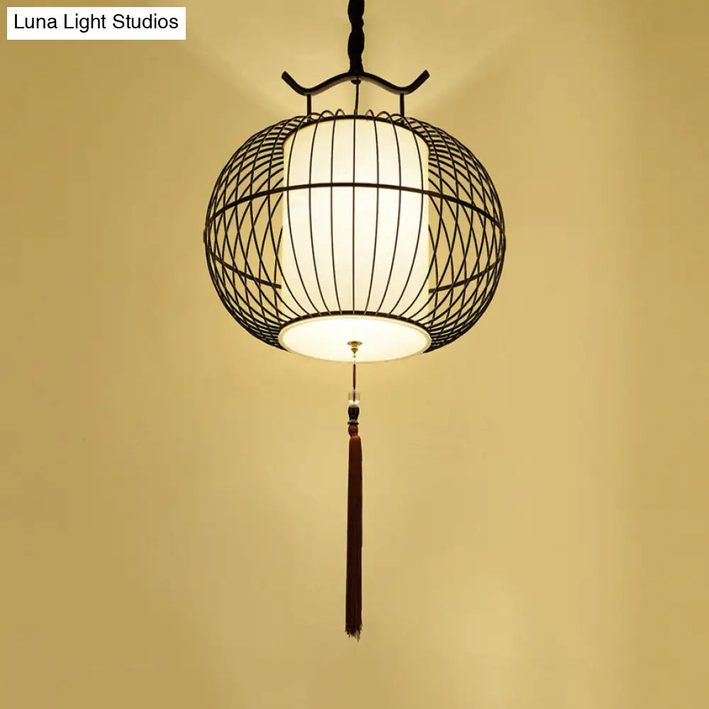 Chinese Style Hanging Pendant Light With Bamboo Shade - Black/Gold Lantern Ceiling Indoor Use