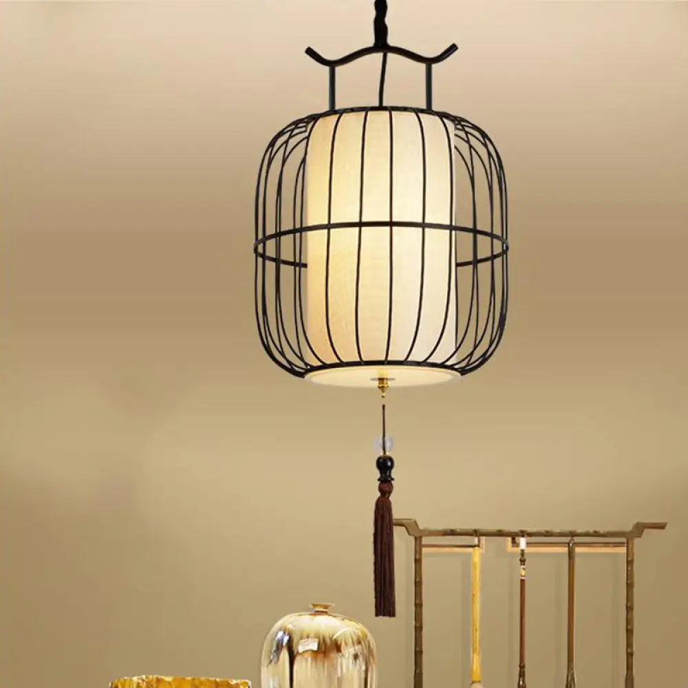 Chinese Style Indoor Pendant Lamp With Bamboo Cylinder Shade - Black/Gold Hanging Fixture Black