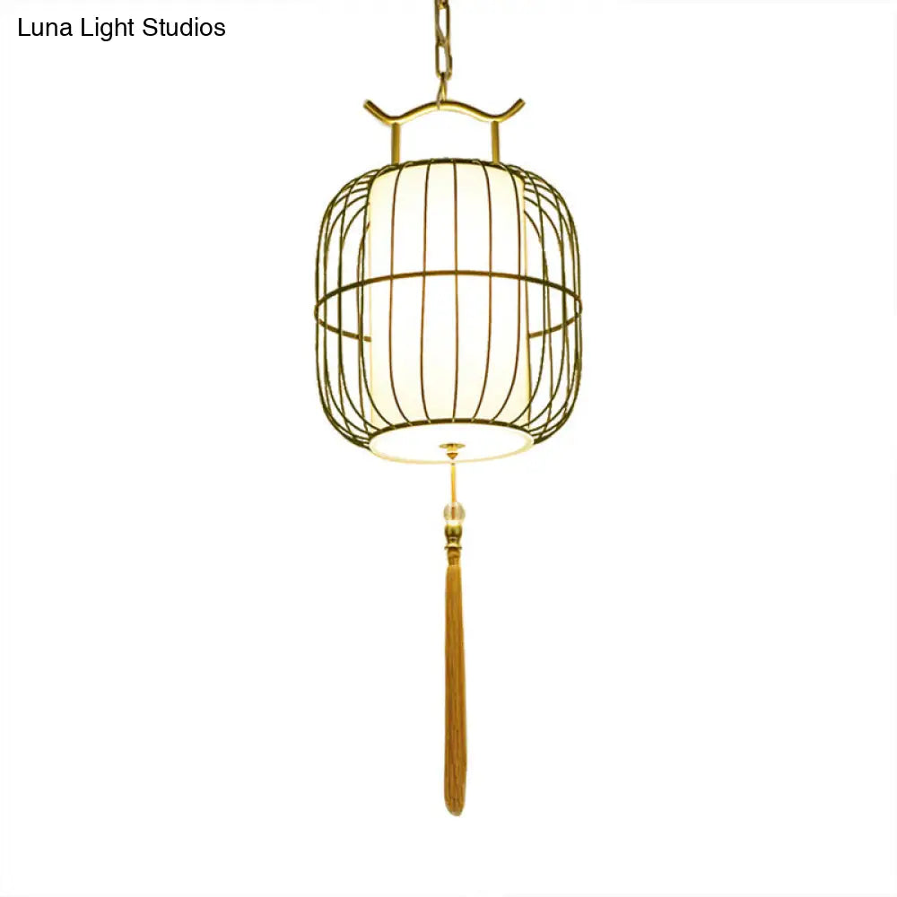 Chinese Style Indoor Pendant Lamp - Cylinder Bamboo Shade Black/Gold Hanging Fixture