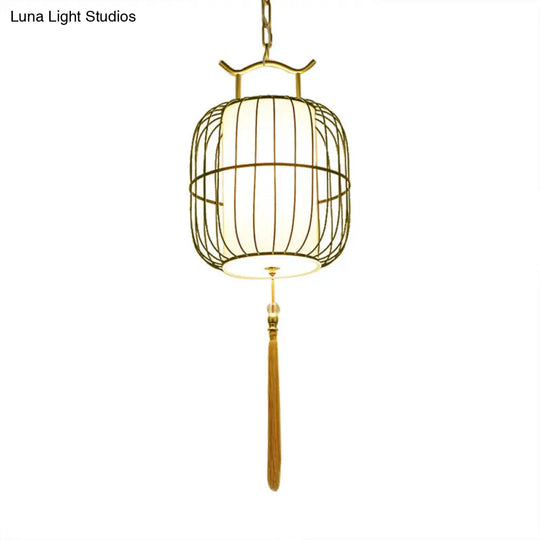 Chinese Style Indoor Pendant Lamp - Cylinder Bamboo Shade Black/Gold Hanging Fixture