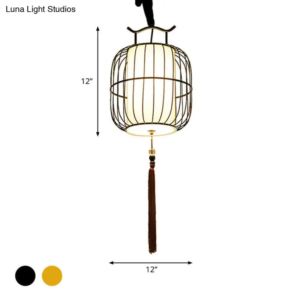 Chinese Style Indoor Pendant Lamp - Cylinder Bamboo Shade Black/Gold Hanging Fixture