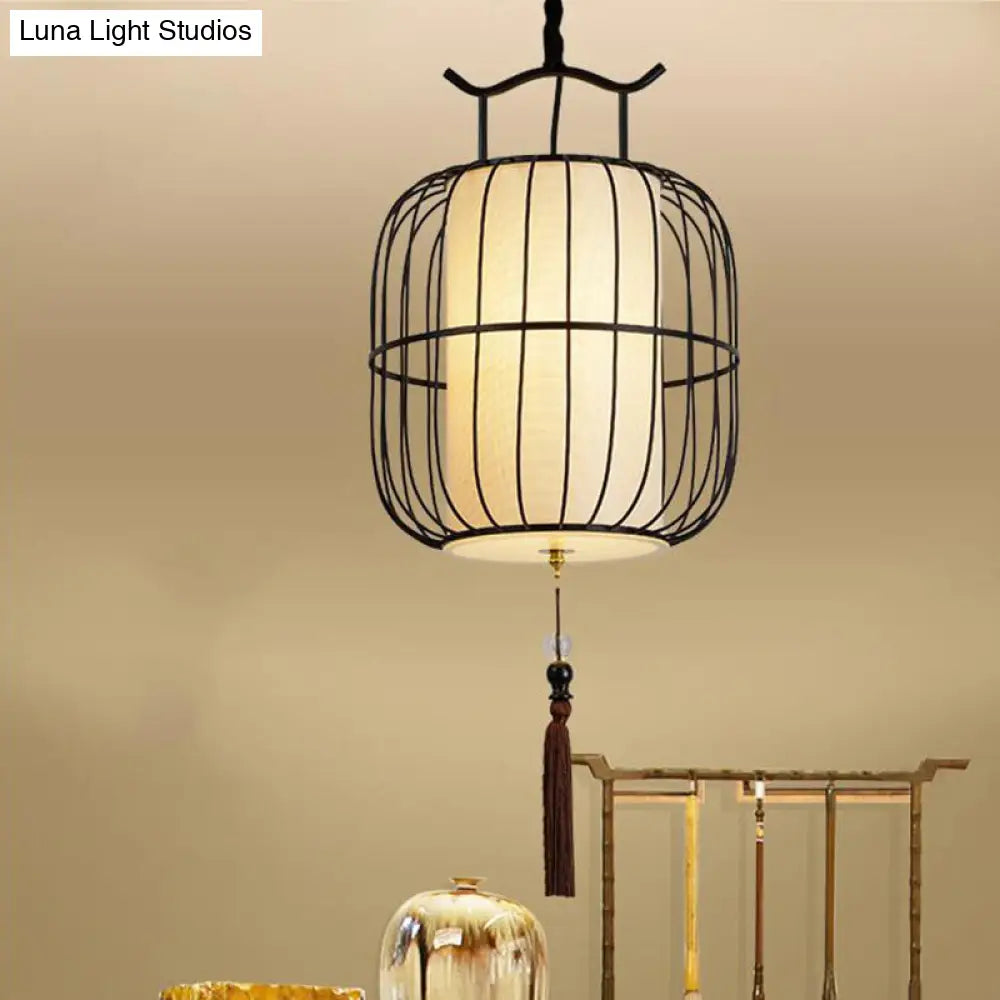 Chinese Style Indoor Pendant Lamp - Cylinder Bamboo Shade Black/Gold Hanging Fixture Black