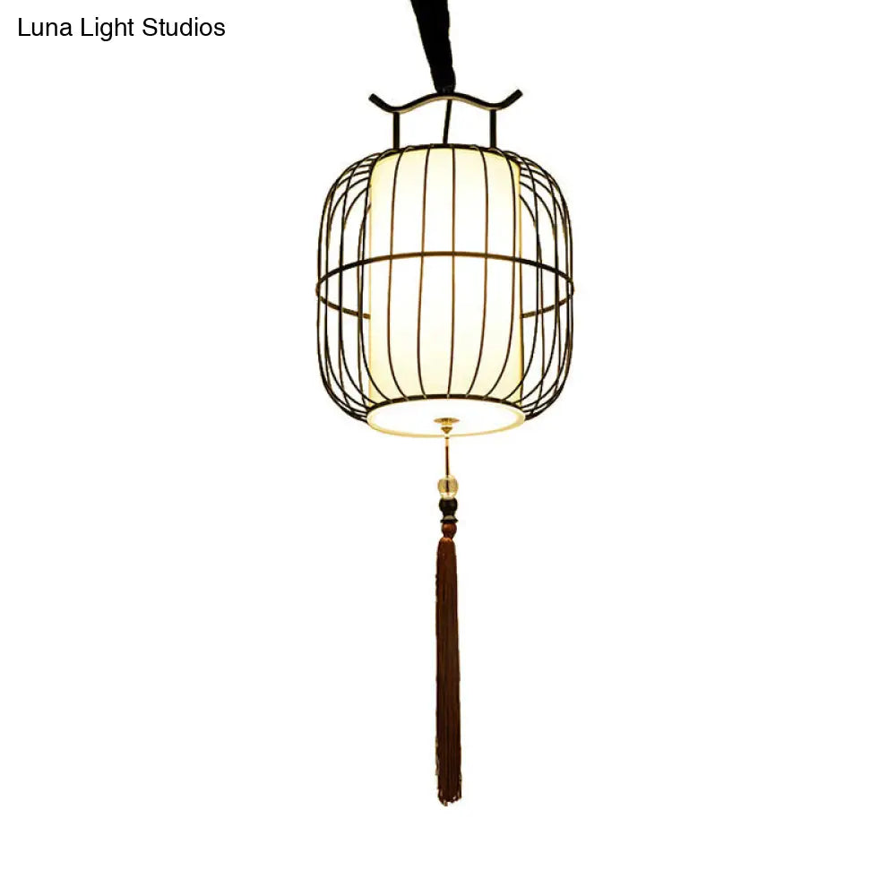 Chinese Style Indoor Pendant Lamp - Cylinder Bamboo Shade Black/Gold Hanging Fixture