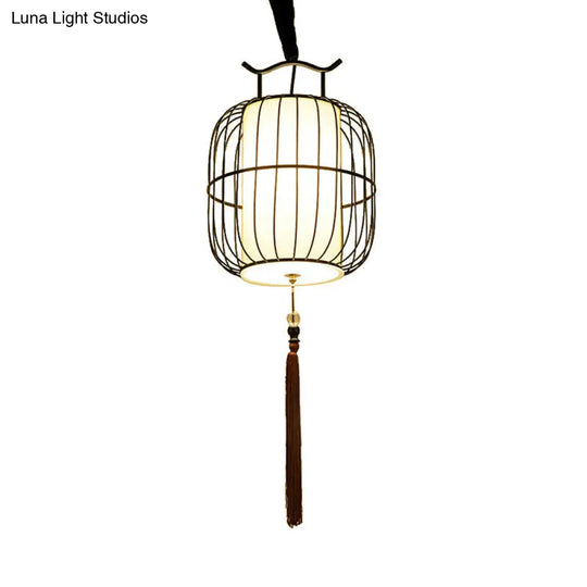 Chinese Style Indoor Pendant Lamp - Cylinder Bamboo Shade Black/Gold Hanging Fixture