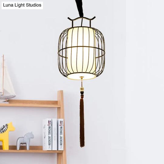 Chinese Style Indoor Pendant Lamp With Bamboo Cylinder Shade - Black/Gold Hanging Fixture