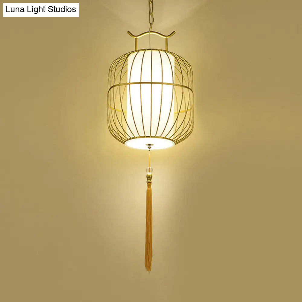 Chinese Style Indoor Pendant Lamp - Cylinder Bamboo Shade Black/Gold Hanging Fixture