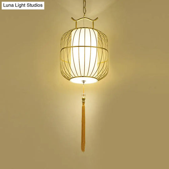 Chinese Style Indoor Pendant Lamp - Cylinder Bamboo Shade Black/Gold Hanging Fixture