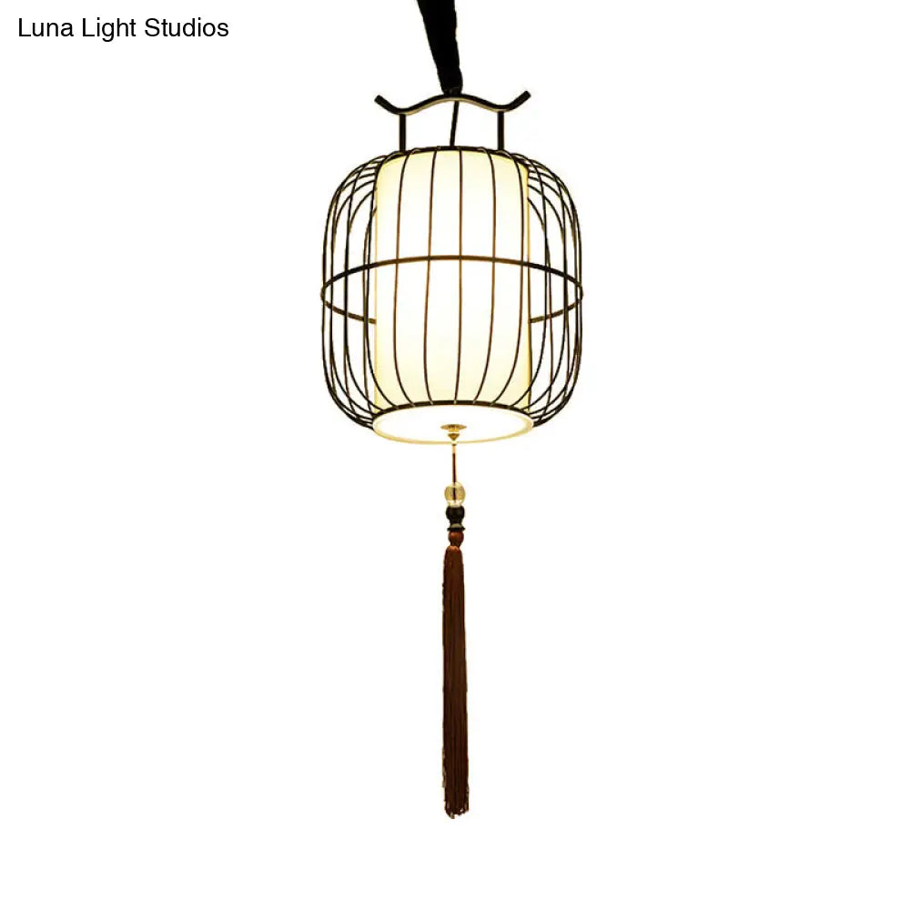 Chinese Style Indoor Pendant Lamp With Bamboo Cylinder Shade - Black/Gold Hanging Fixture