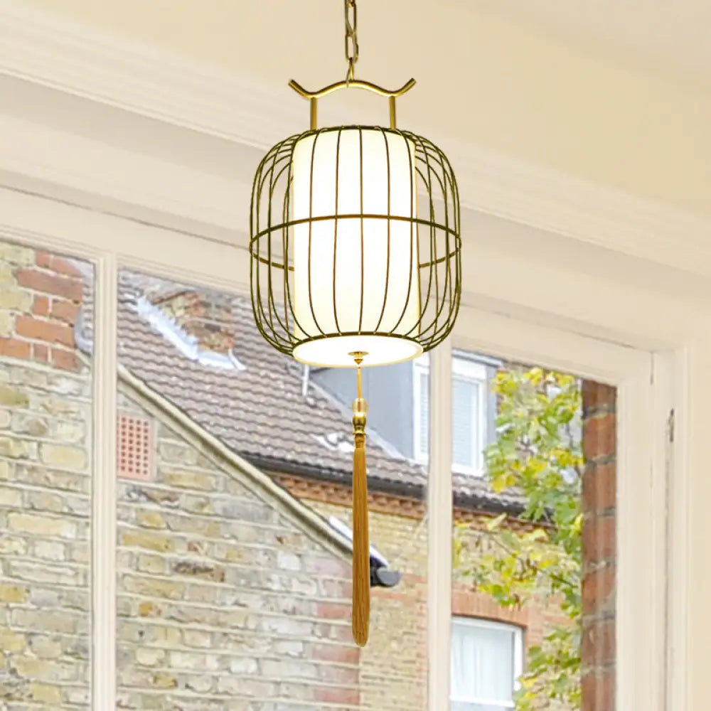 Chinese Style Indoor Pendant Lamp With Bamboo Cylinder Shade - Black/Gold Hanging Fixture Gold