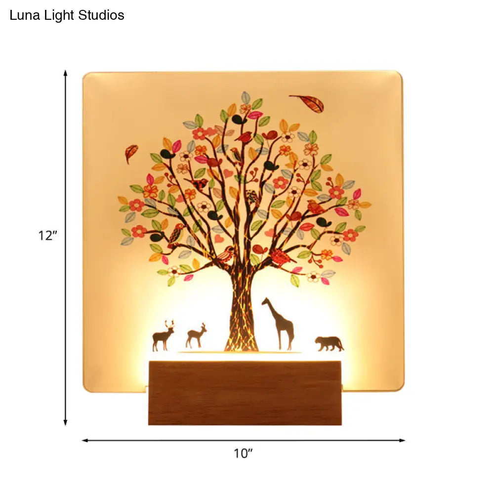 Chinese Style Led Acrylic Wall Lighting Fixture - Wood Square Tree And Animal Mural