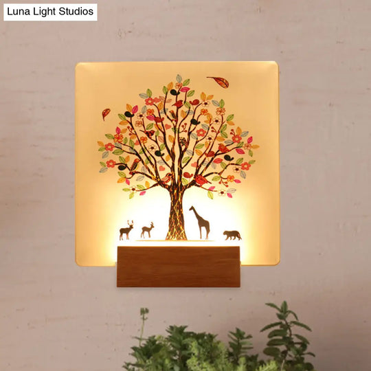 Chinese Style Led Acrylic Wall Lighting Fixture - Wood Square Tree And Animal Mural