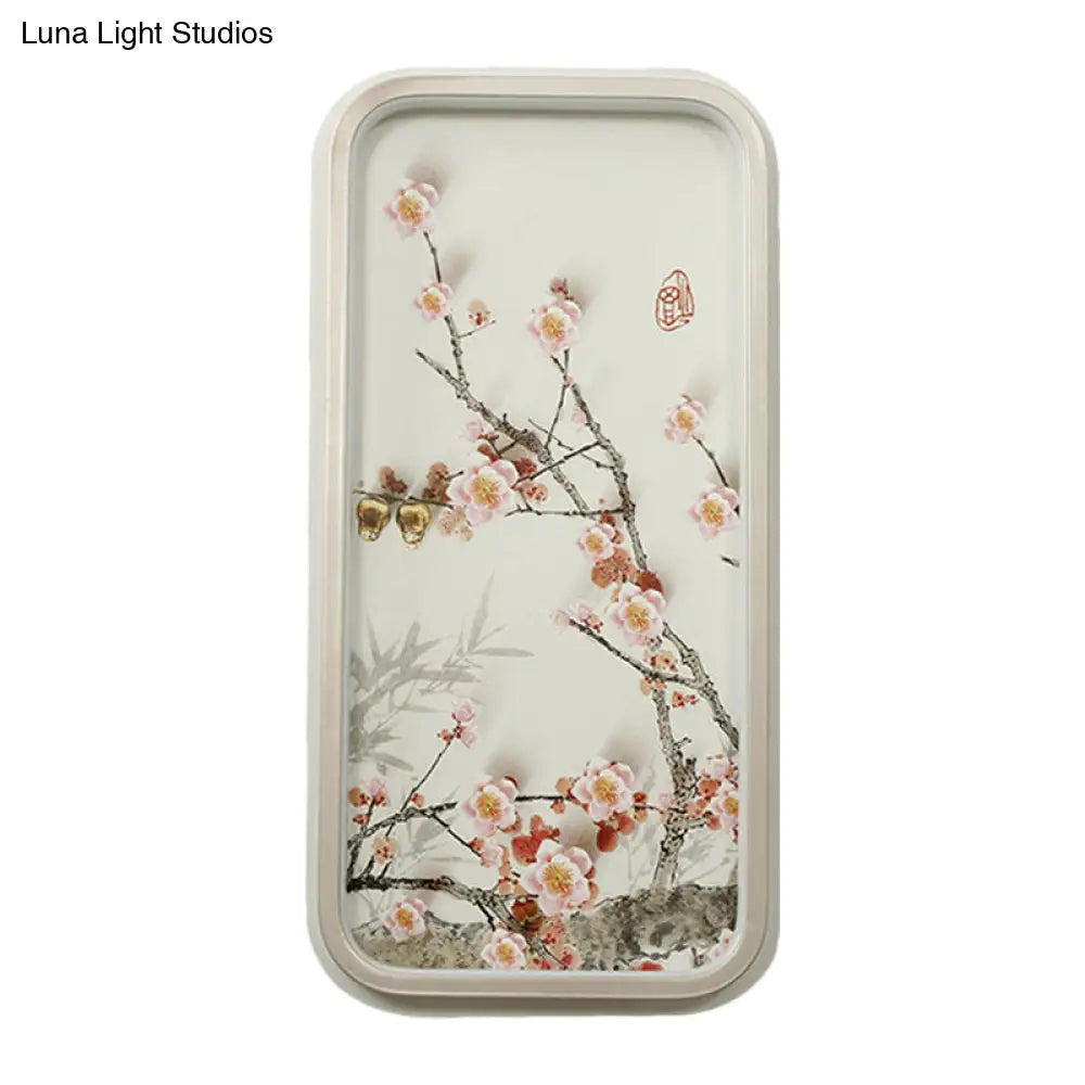 Chinese Style Led Corridor Wall Lamp (Pink Plum Blossom Mural) With Metal Shade