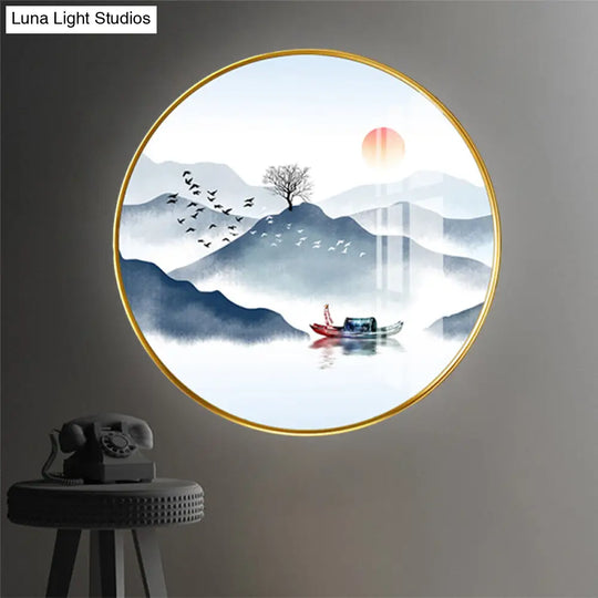 Chinese Style Led Fabric Round Wall Lighting Fixture With Mountain Mural In Gold