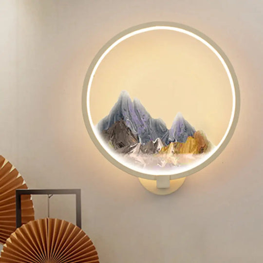 Chinese Style Led Hallway Wall Mural Lamp With Metal Shade - Black/White Mountain Patterned Lighting