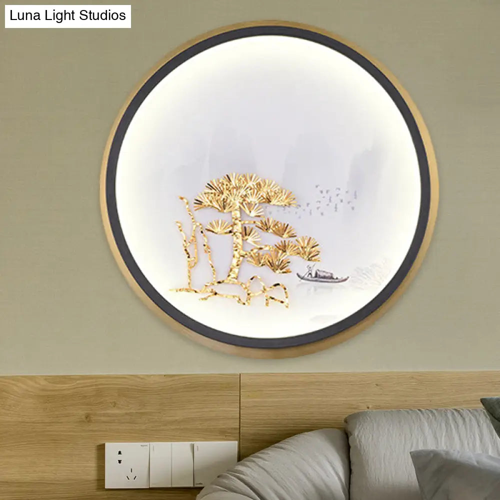 Chinese-Style Led Pine Tree Wall Mural Lights For A Rustic Guest Room