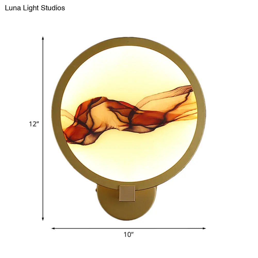 Chinese Style Led Smoke Mural Acrylic Wall Light For Dining Room - Gold Rounded Design