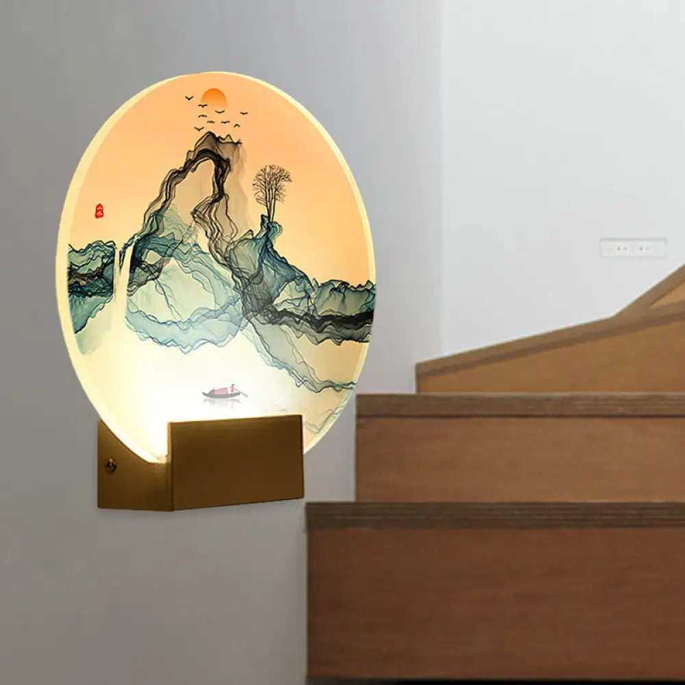 Chinese Style Led Wall Light With Mountain & Sun Design In Blue Acrylic