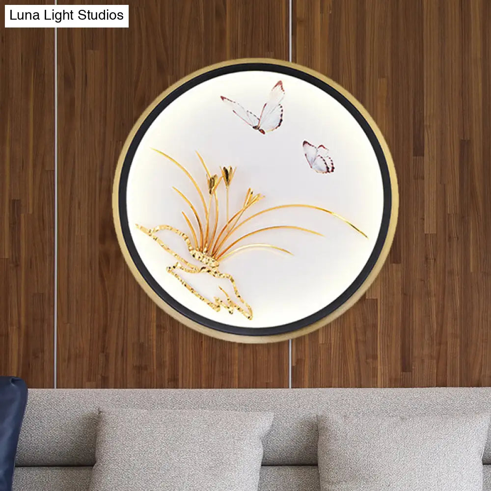 Chinese Style Led Wall Mounted Lamp: Gold Mural Light With Butterfly & Leaf Pattern