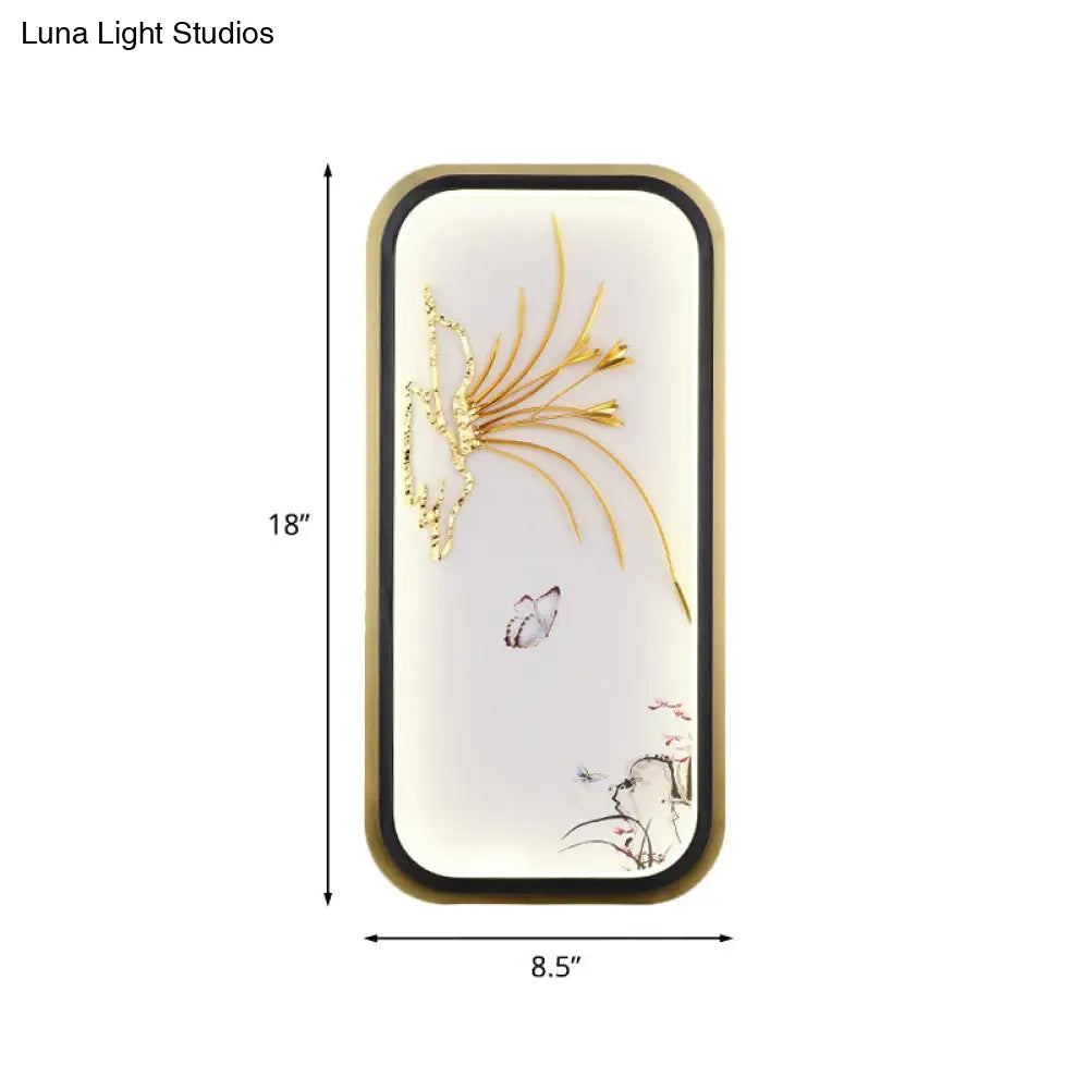 Chinese Style Led Wall Mounted Lamp: Gold Mural Light With Butterfly & Leaf Pattern