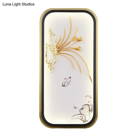 Chinese Style Led Wall Mounted Lamp: Gold Mural Light With Butterfly & Leaf Pattern