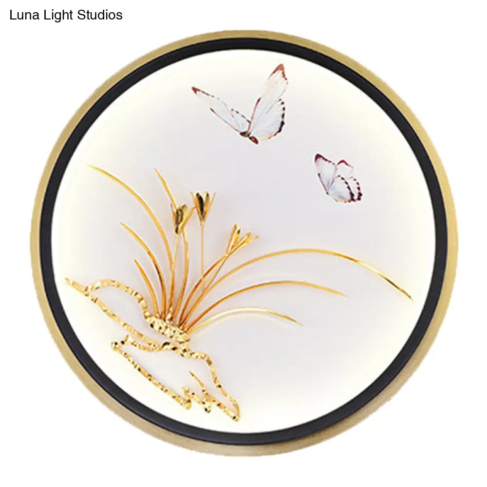 Chinese Style Led Wall Mounted Lamp: Gold Mural Light With Butterfly & Leaf Pattern