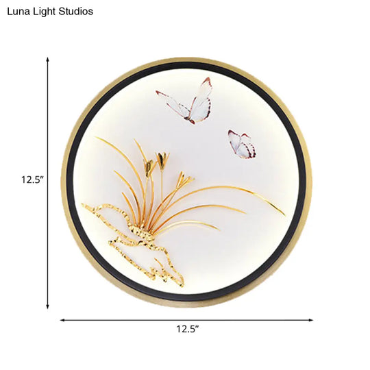 Chinese Style Led Wall Mounted Lamp: Gold Mural Light With Butterfly & Leaf Pattern