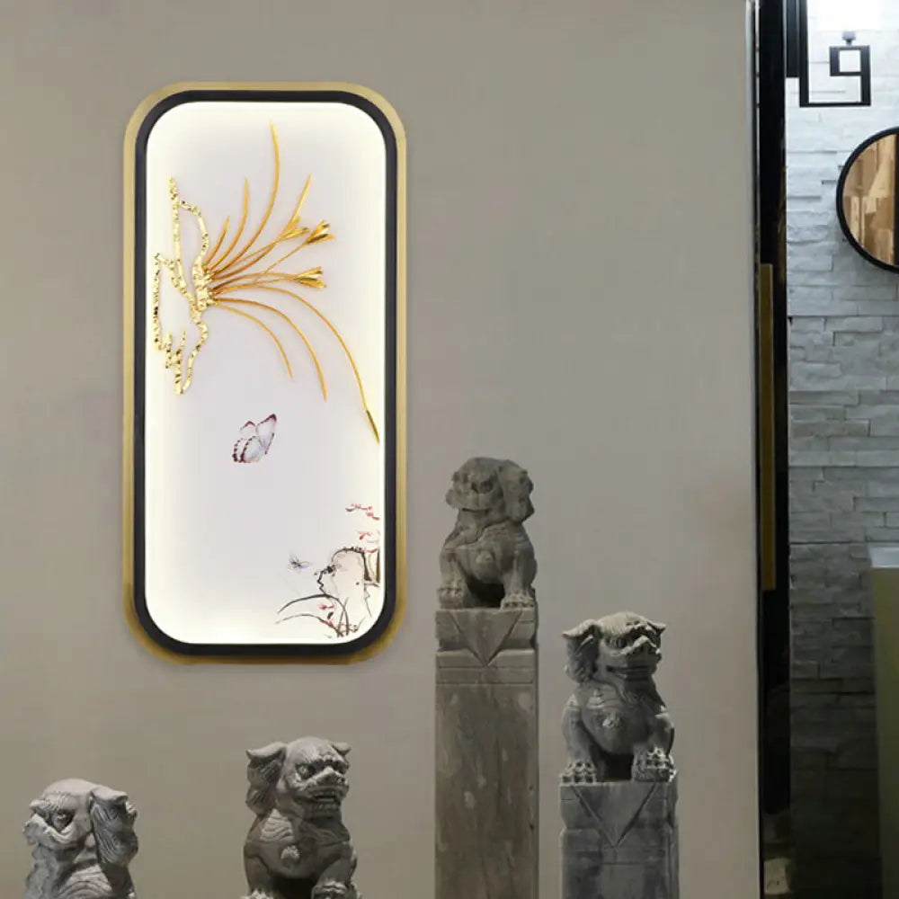 Chinese Style Led Wall Mounted Lamp: Gold Mural Light With Butterfly & Leaf Pattern / Rectangle