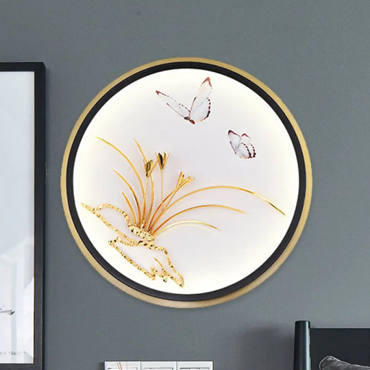 Chinese Style Led Wall Mounted Lamp: Gold Mural Light With Butterfly & Leaf Pattern / Round