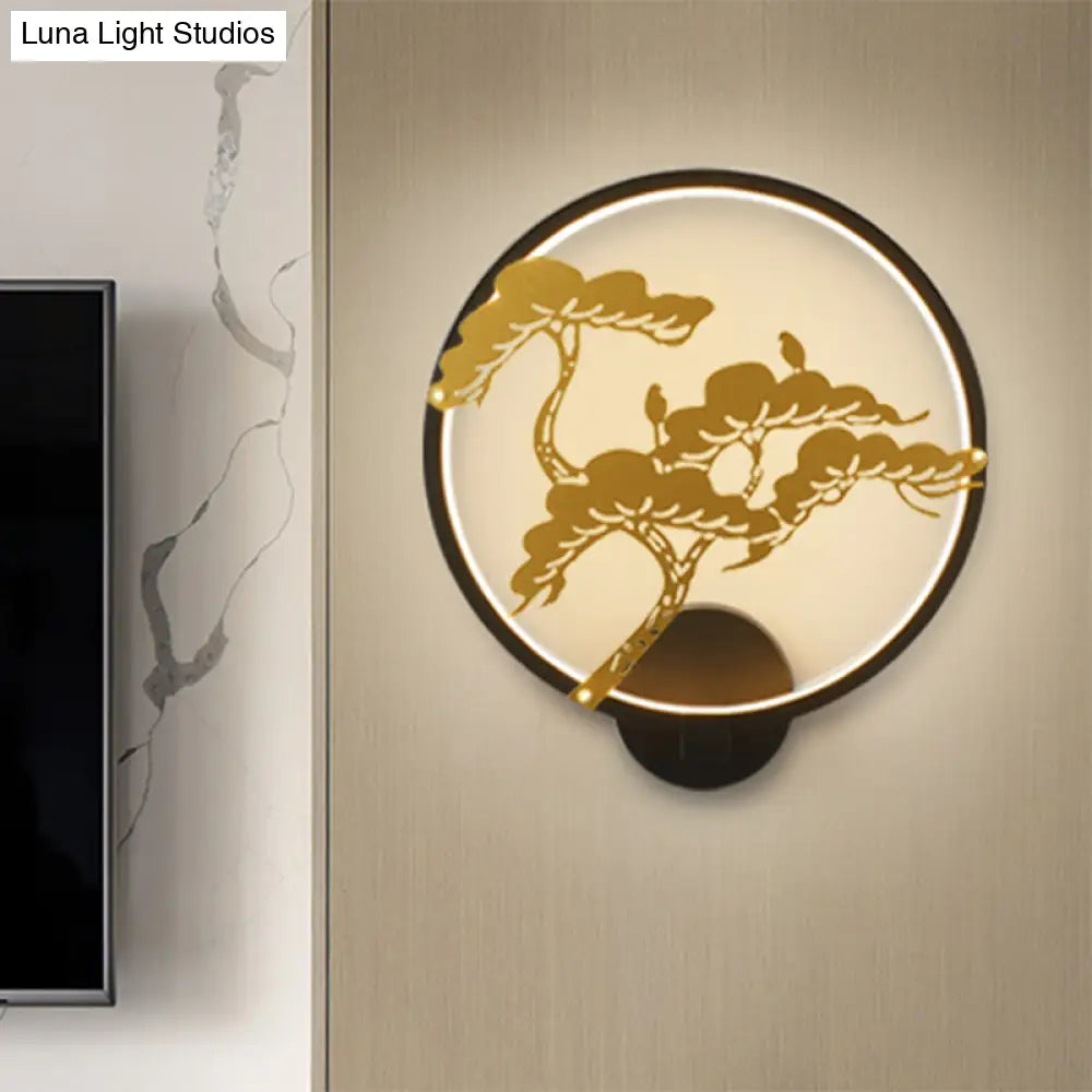 Chinese Style Led Wall Mural Lamp - Metal Black/White Circular Pine Tree Patterned Lighting