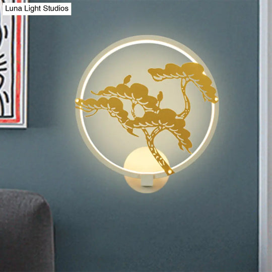 Chinese Style Led Wall Mural Lamp - Metal Black/White Circular Pine Tree Patterned Lighting