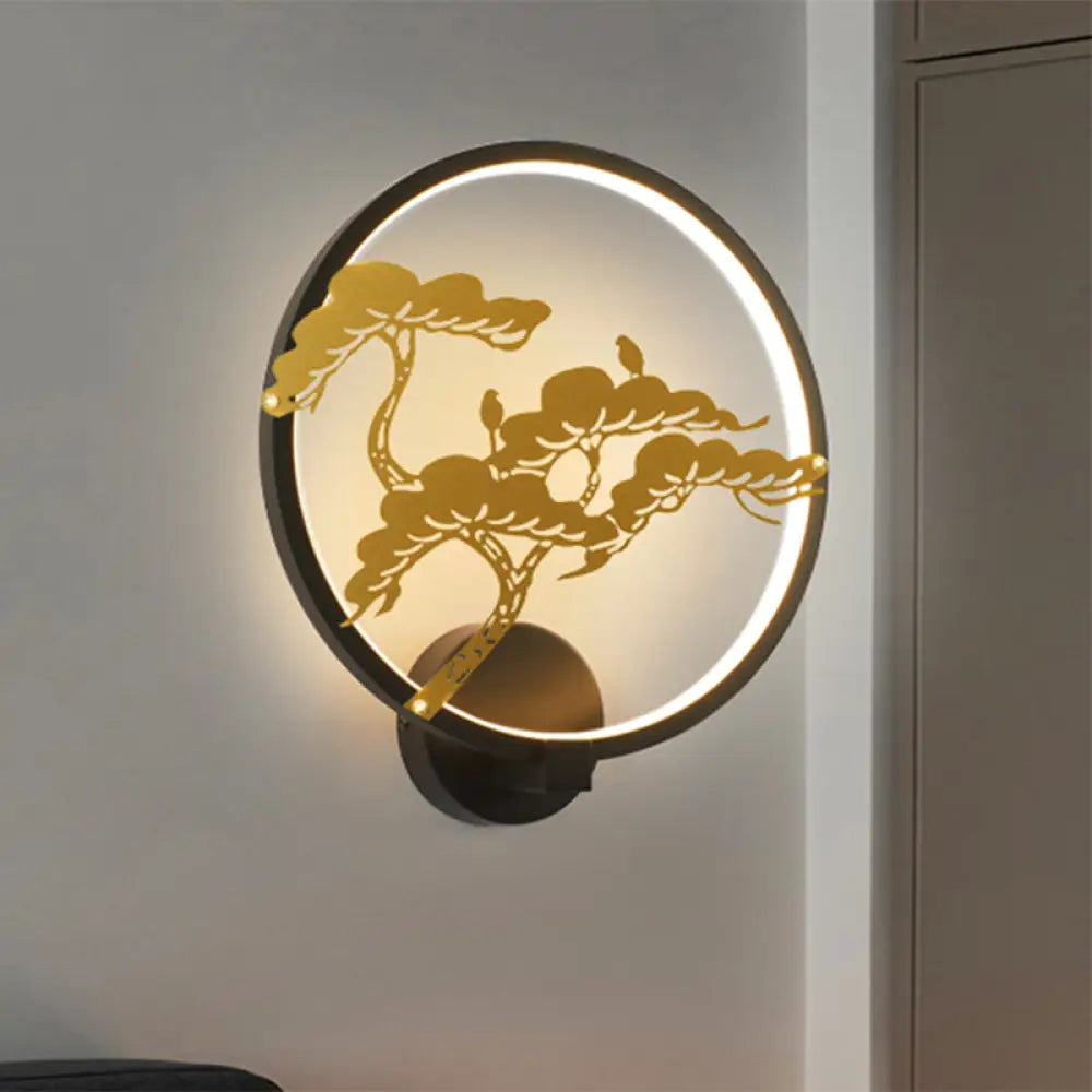 Chinese Style Led Wall Mural Lamp - Metal Black/White Circular Pine Tree Patterned Lighting Black