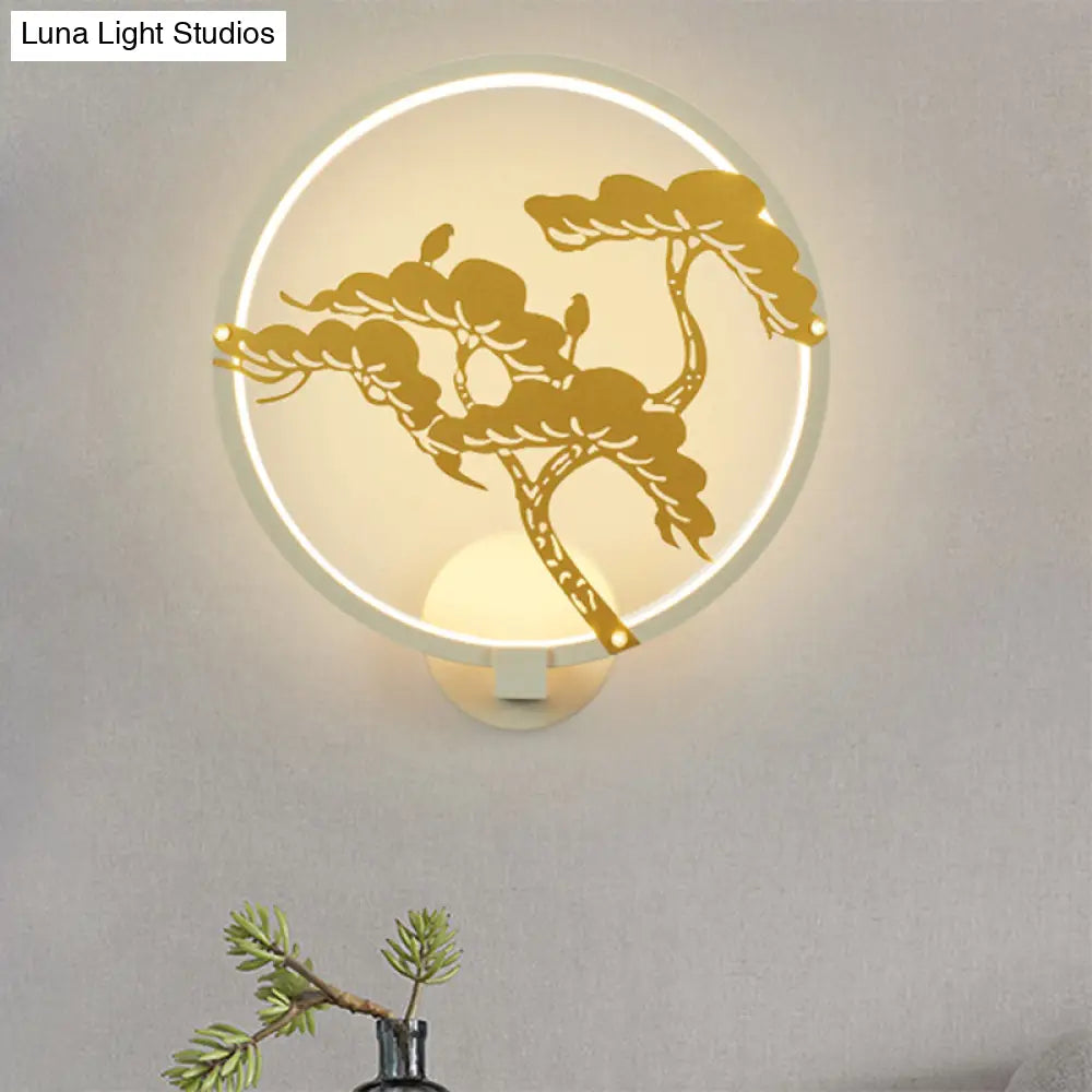 Chinese Style Led Wall Mural Lamp - Metal Black/White Circular Pine Tree Patterned Lighting