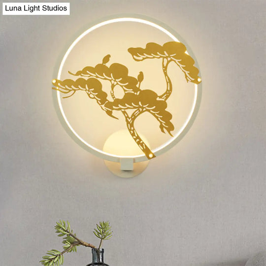 Chinese Style Led Wall Mural Lamp - Metal Black/White Circular Pine Tree Patterned Lighting